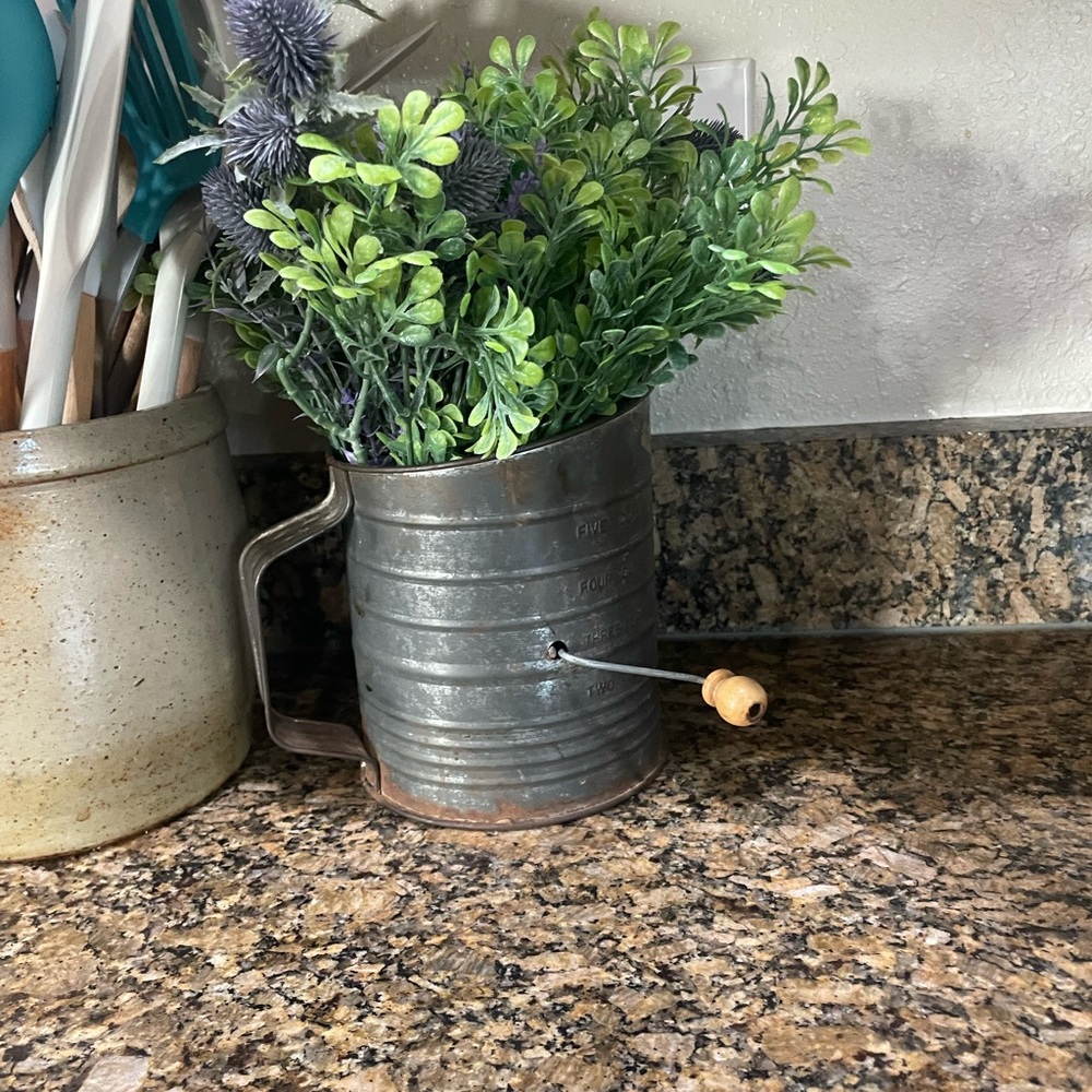 Vintage Metal Flour Sifter Vase with Faux Greenery